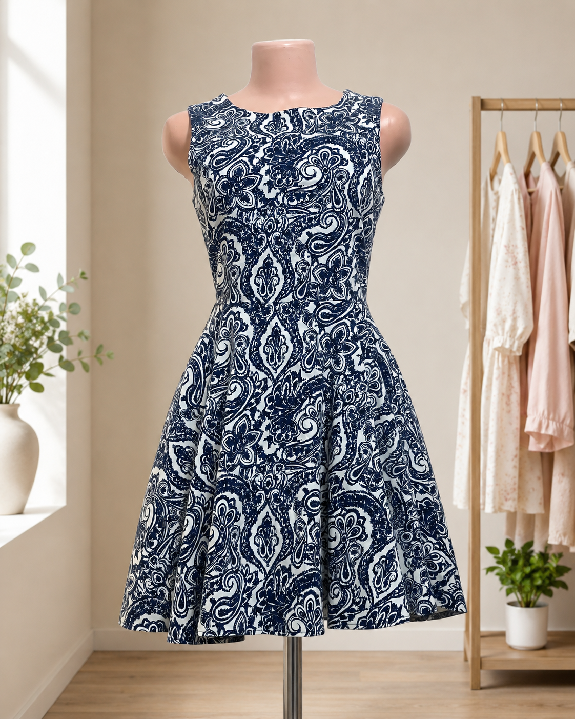 Navy Paisley Sleeveless Skater Dress Size 12