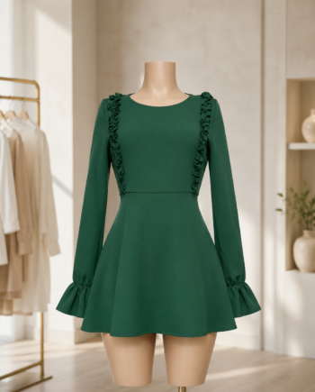 Emerald Green Ruffle Trim Long Sleeve Skater Mini Dress size 12-14