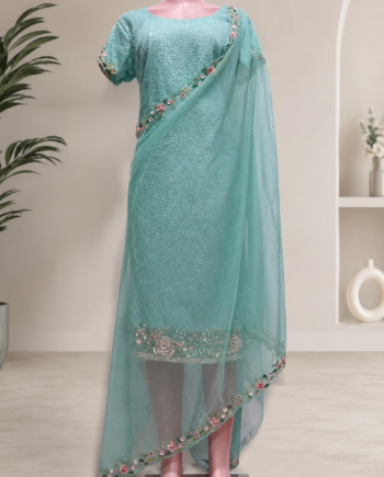 Sequin Aqua Mint Embellished Saree-Style Kurta Dress with Dupatta size 16-18