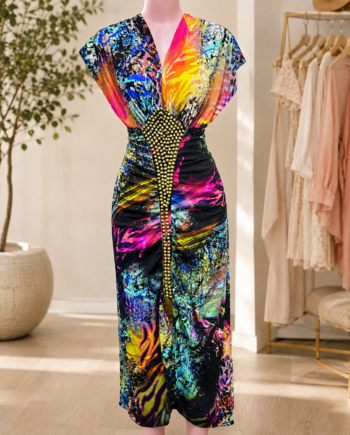 Vibrant Abstract Print Ruched Front Maxi Dress size16 with Gold Bead Accent size