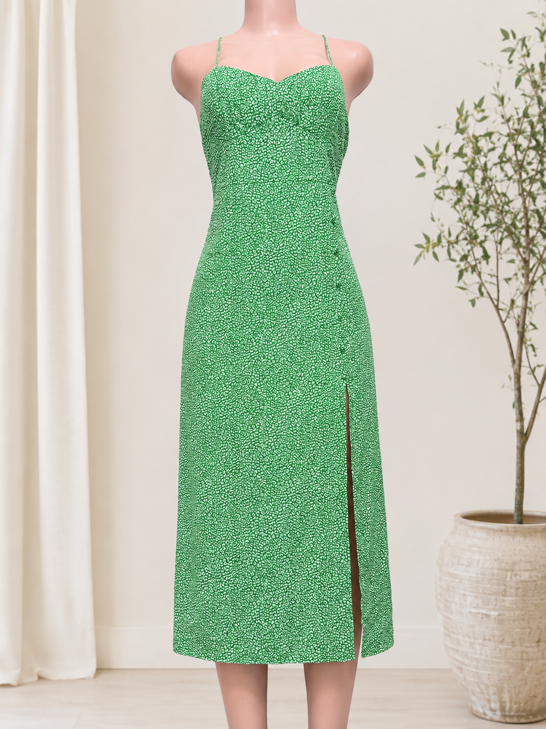 Green Floral Print Cami Midi Dress with Side Slit size 10