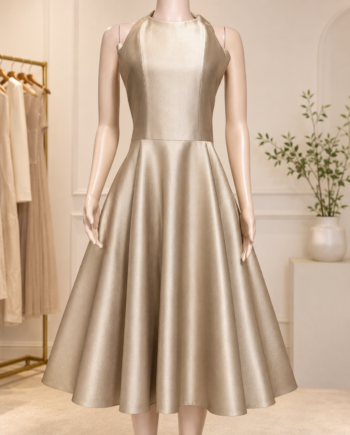 Champagne Gold Halter A-Line Tea-Length Dress Size 10