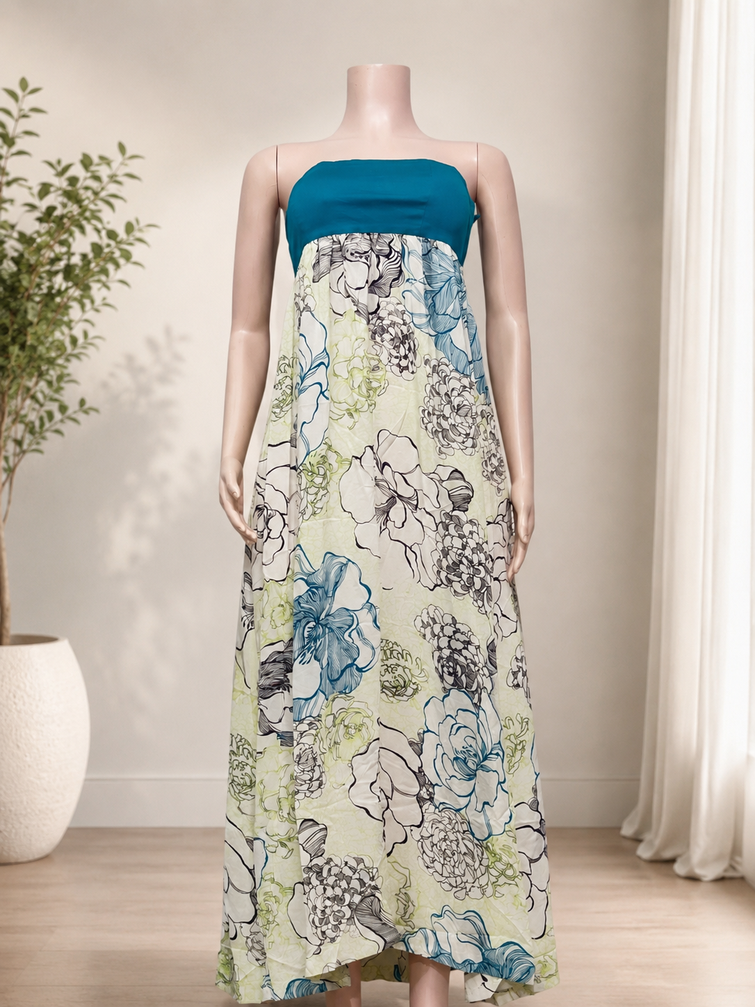 Teal & Floral Print Strapless Maxi Sundress Dress Size 10