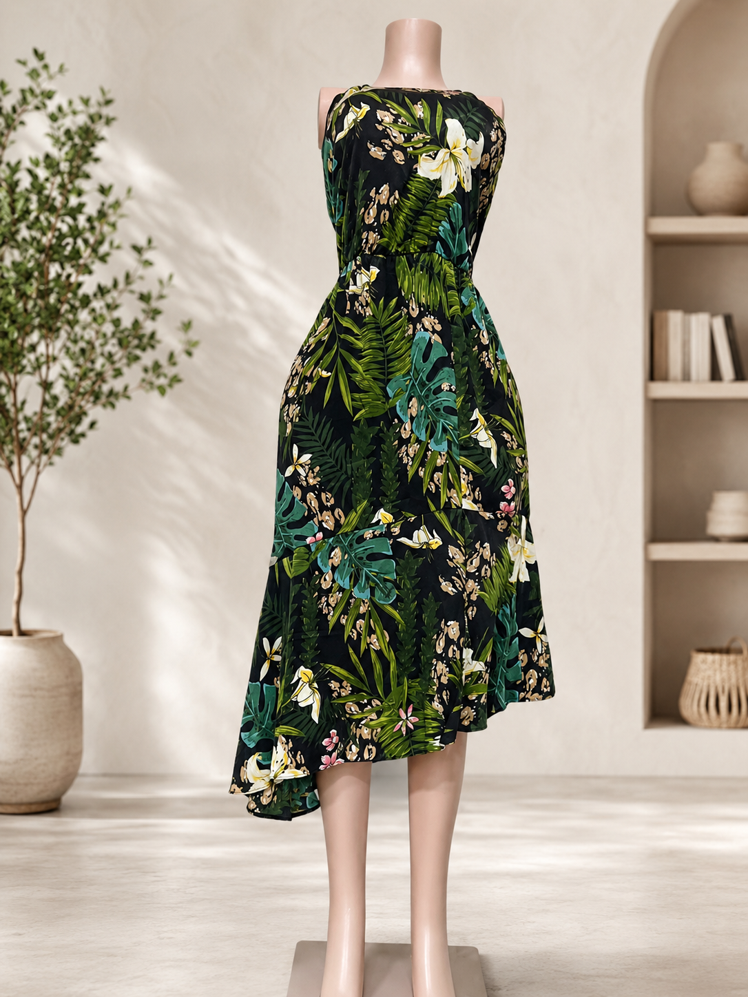 Tropical Leaf & Floral Asymmetric Midi Sundress Dress Size 10