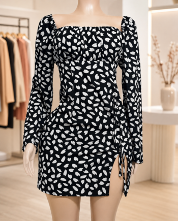 Black & White Petal Print Drawstring Split Mini Dress Size 10