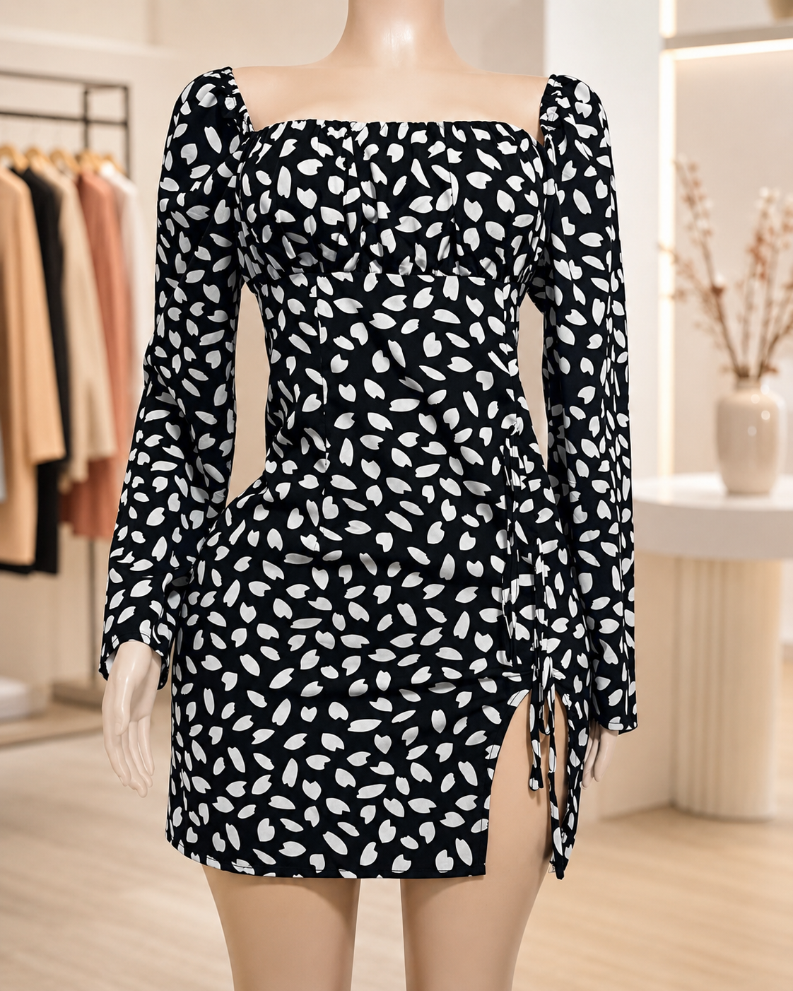 Black & White Petal Print Drawstring Split Mini Dress Size 10