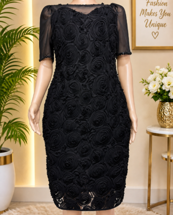 Rosette Textured Sheer-Sleeve Cocktail Midi Dress Size 12