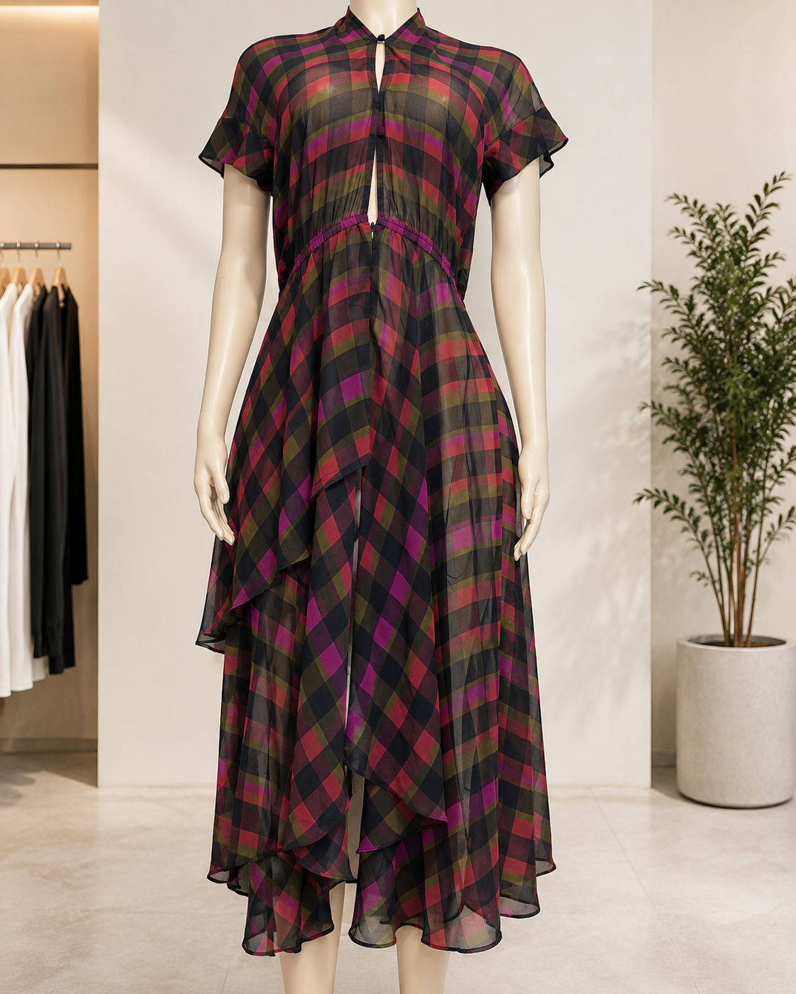 Plaid High-Low Chiffon Keyhole Midi Dress Size 12