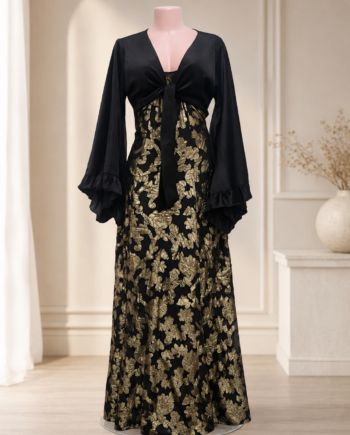 Gold Jacquard Bell-Sleeve Maxi Dress with Satin Tie Overlay Dress Size 14