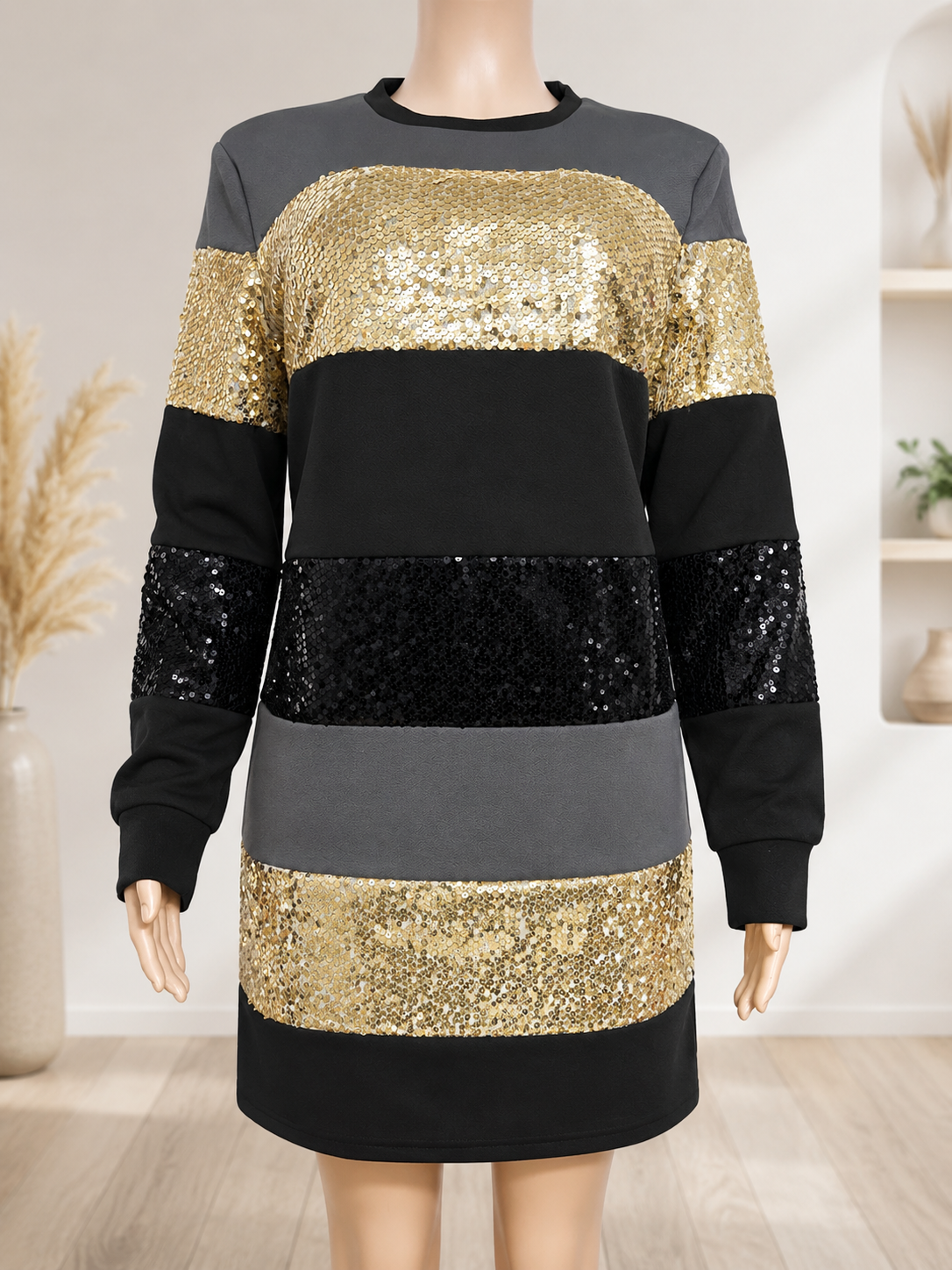 Sequin Colorblock Long-Sleeve Sweater Dress Size 14