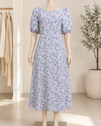 Lilac Daisy Floral Puff-Sleeve Midi Dress Size 16